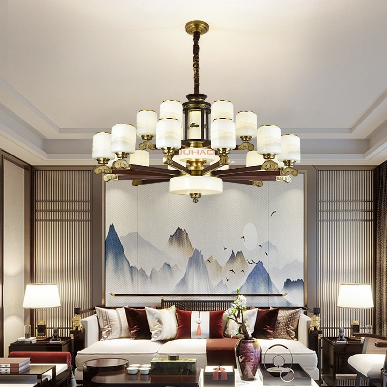 JH-D-6L6812-12+6客厅餐厅书房卧室铜合金+实木吊灯